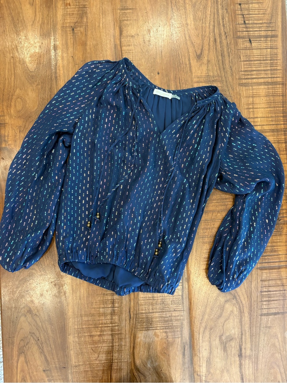 Ramy Brook Women’s Navy Blue Printed Peasant Blouse with shimmering threads S